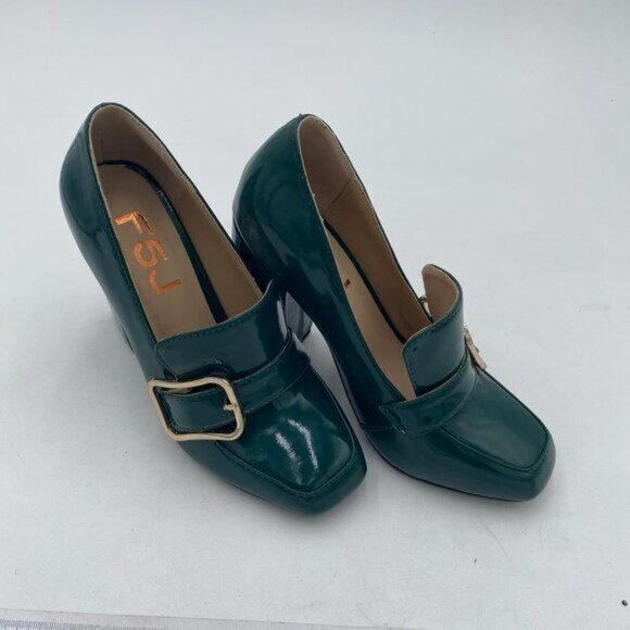 FSJ Green Chunky High Heels Square Toe Loafer Shoes Slip On Office Pumps Buckle - Picture 3 of 7